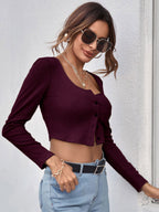 Neck Button Placket Rib-knit Tee