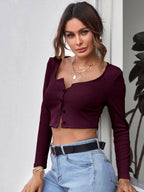 Neck Button Placket Rib-knit Tee
