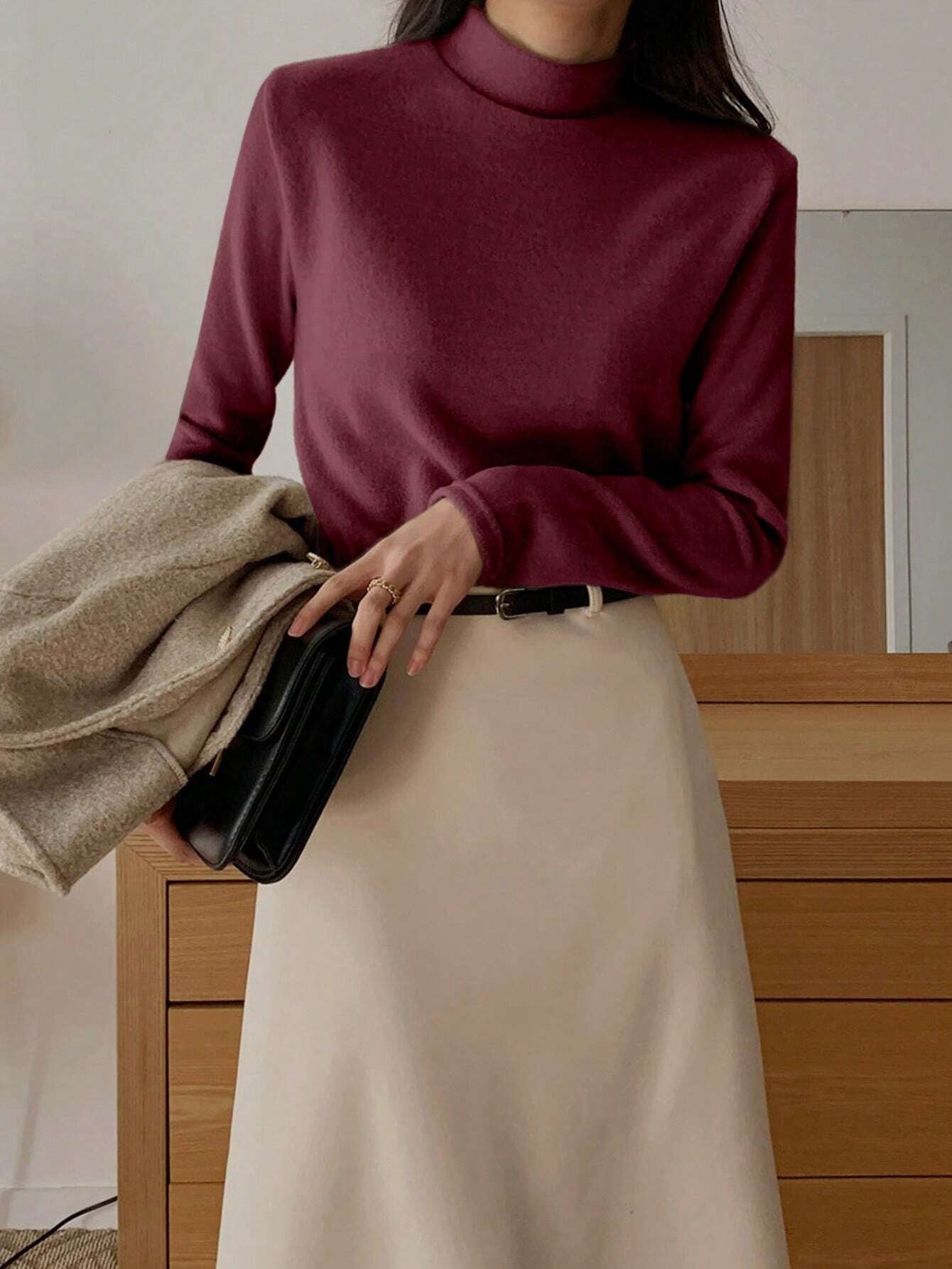 Stand Collar Solid Color T-Shirt Long Sleeve Women Tops