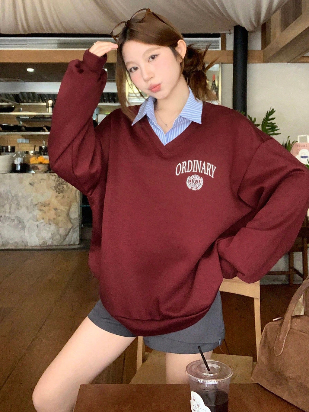 Letter & Stripe Print Patchwork Thermal Lined Sweatshirt