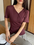 Less Solid Rib Knit Button Front Tee Old Money Style