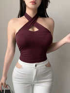 Solid Color Wrapped Halter Neck Slim Fit Tank Top Summer