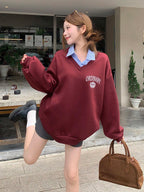 Letter & Stripe Print Patchwork Thermal Lined Sweatshirt