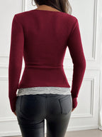 Round Neck 2 In 1 Lace Patchwork T-Shirt, Brown Velour Ribbed