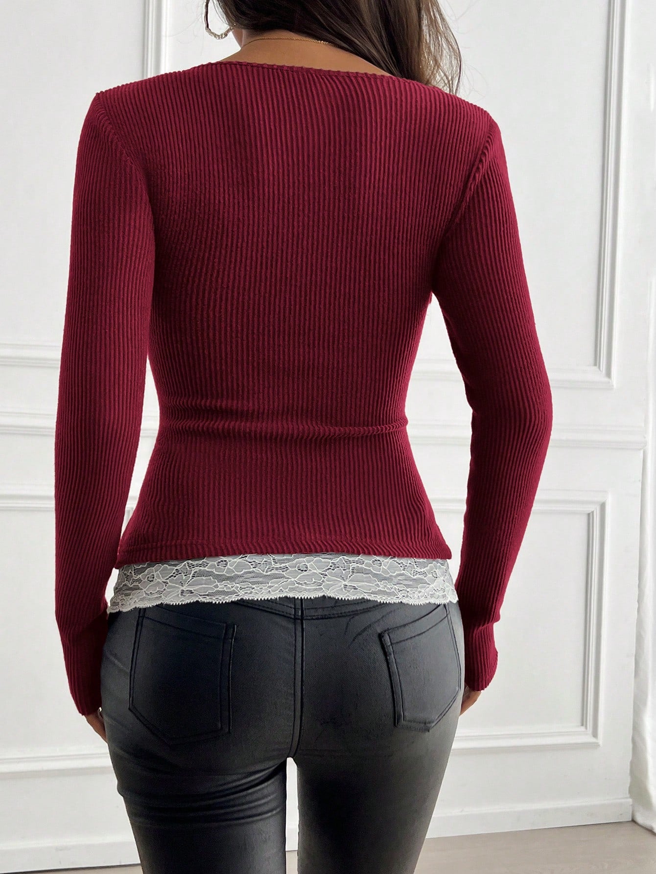 Round Neck 2 In 1 Lace Patchwork T-Shirt, Brown Velour Ribbed