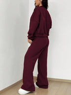 Street Style Camouflage Maple Leaf Print Zipper Sweatshirt & Pants Set