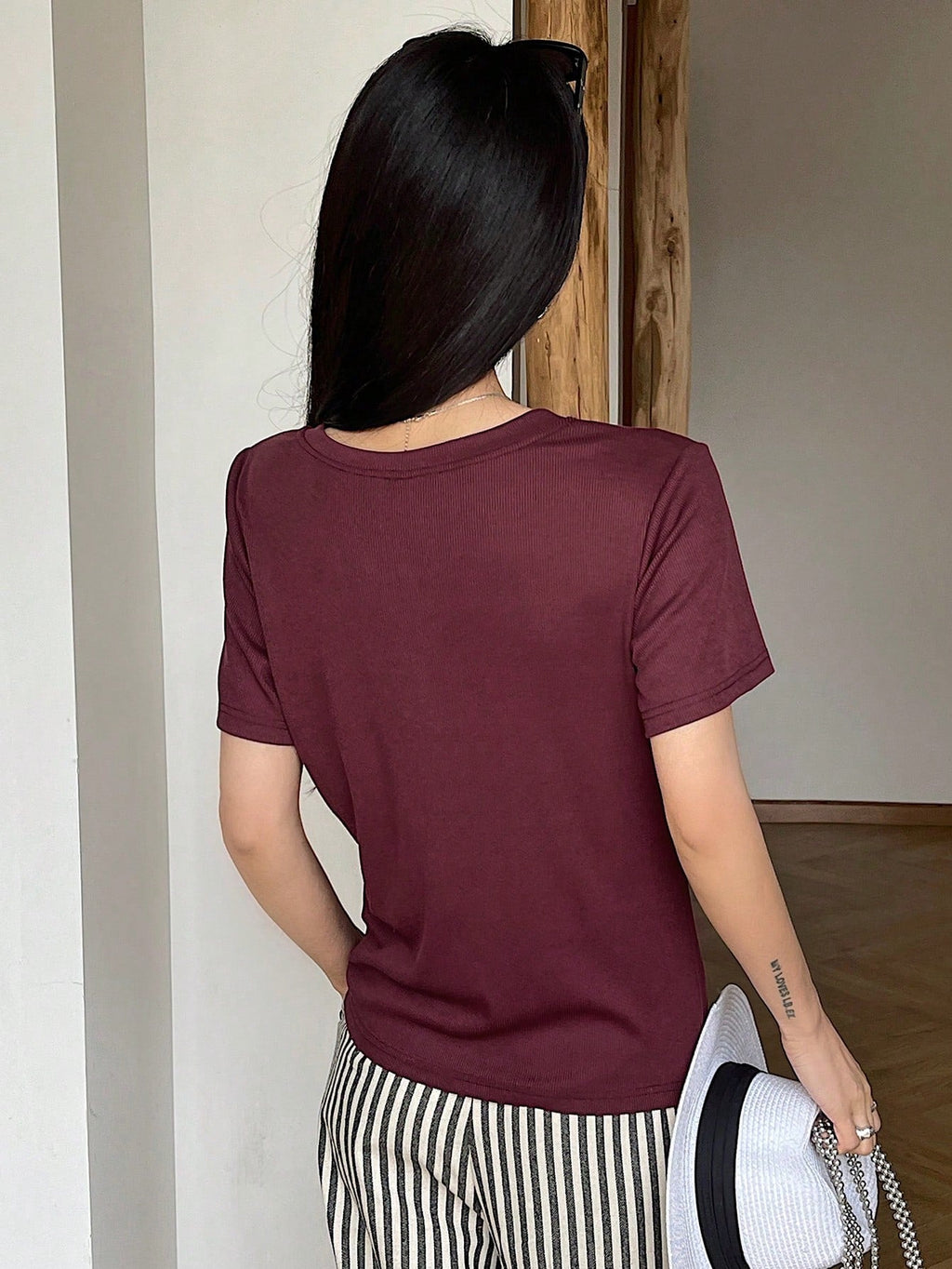 Less Solid Rib Knit Button Front Tee Old Money Style