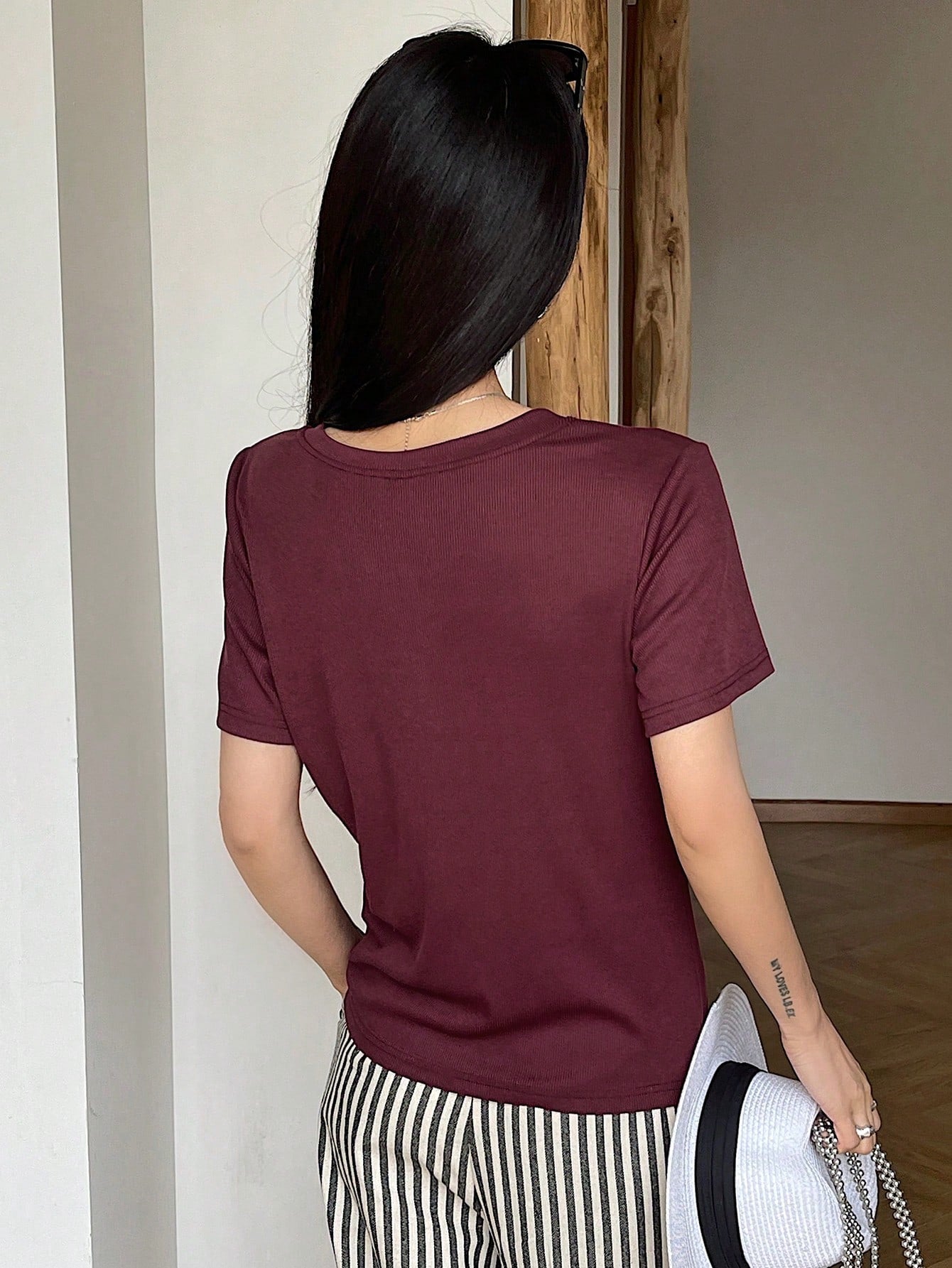 Less Solid Rib Knit Button Front Tee Old Money Style