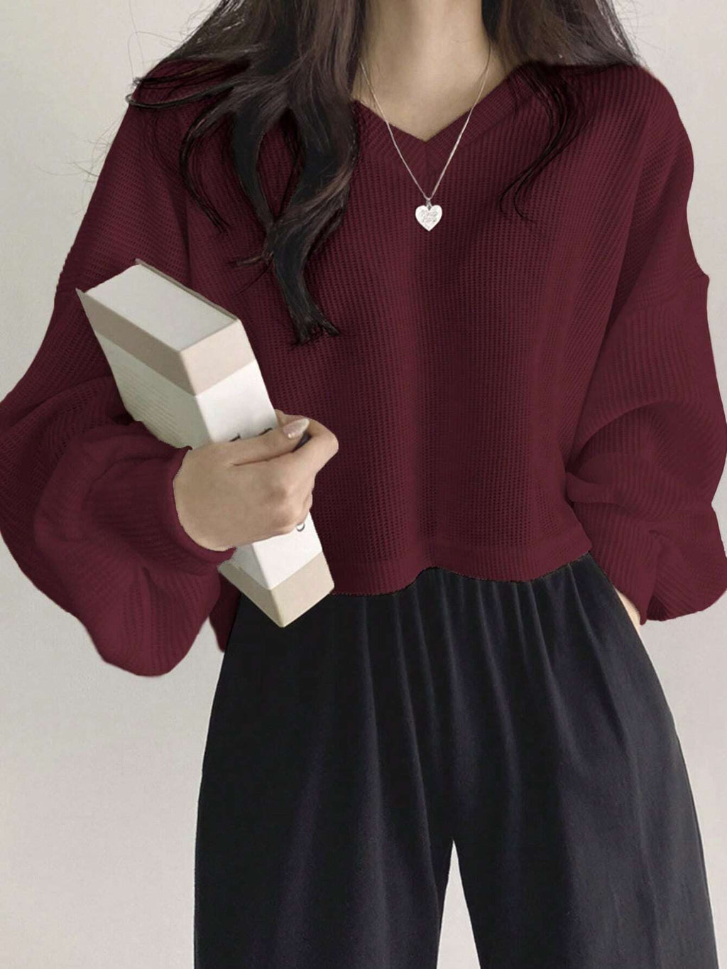 Solid Color V-Neck Dropped Shoulder Long Sleeve Loose Casual T-Shirt