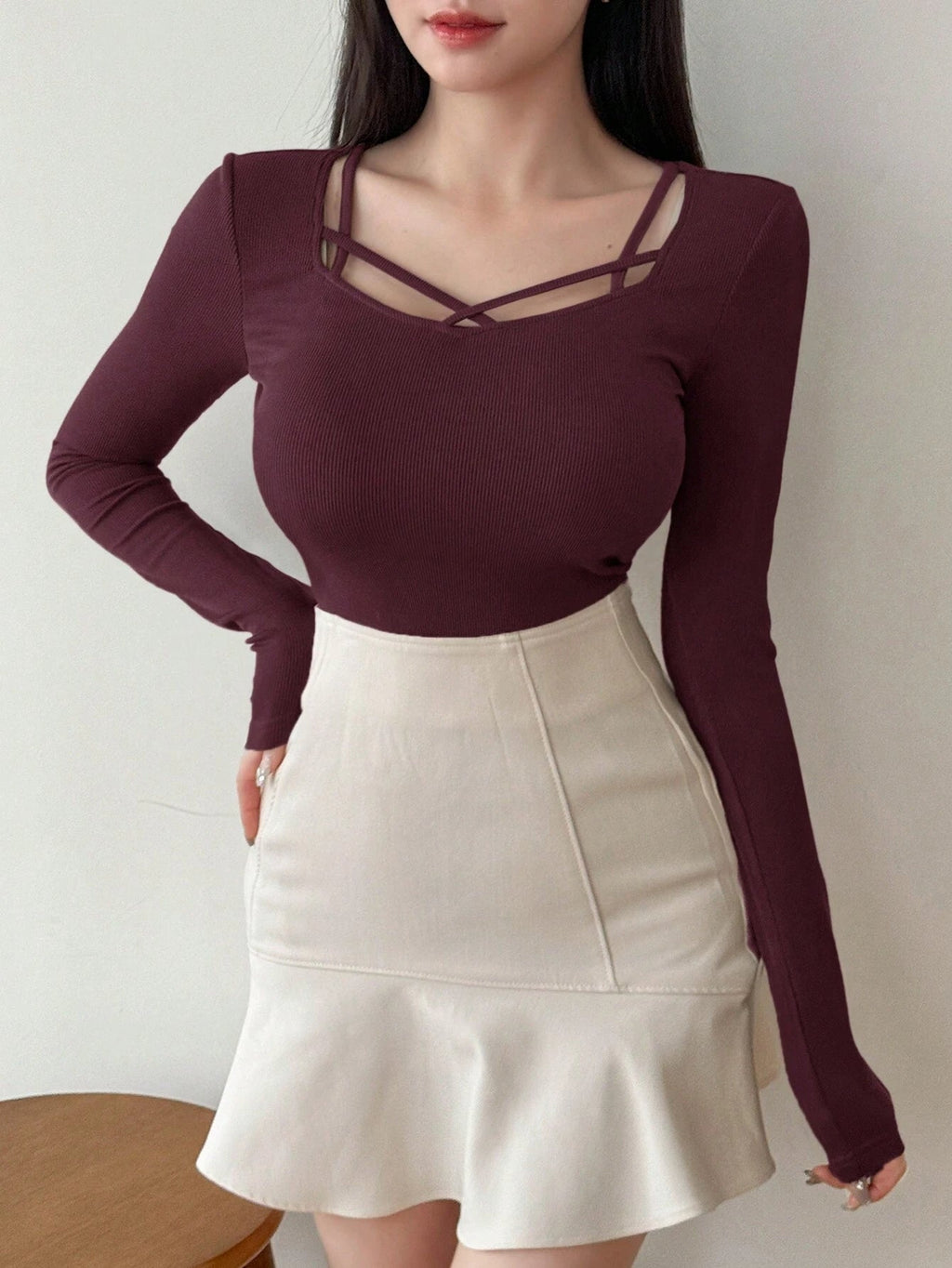 Hollow Out Design Ribbed T-Shirt