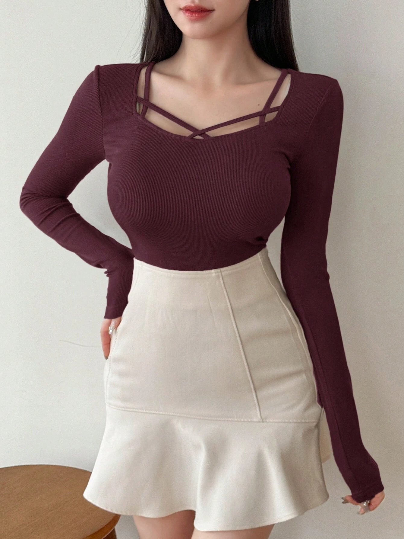 Hollow Out Design Ribbed T-Shirt