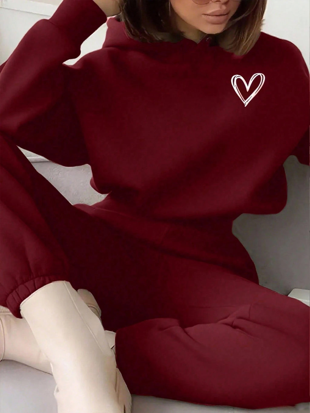 Heart Print Long Sleeve Cropped Hoodie And Drawstring Waist Pocketed Jogger Sweatpants 2 Pieces Set