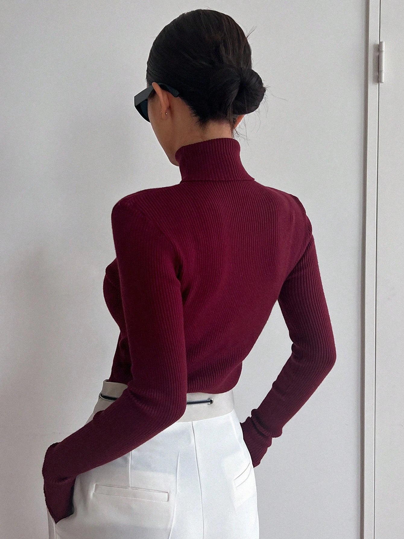 Basic Solid High Neck Long Sleeve Knit Sweater