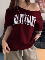 Off-Shoulder Short Sleeve Letter Printed Casual T-Shirt Graphic Tees Women Tops
