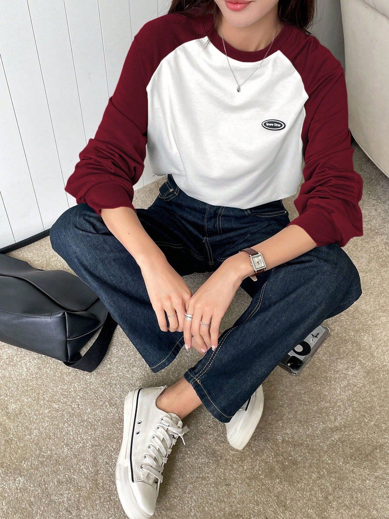 Letter Patched Colorblock Raglan Sleeve Tee