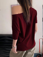 Off-Shoulder Short Sleeve Letter Printed Casual T-Shirt Graphic Tees Women Tops