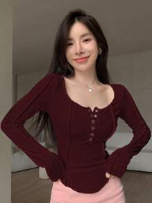 Solid Button Front Curved Hem