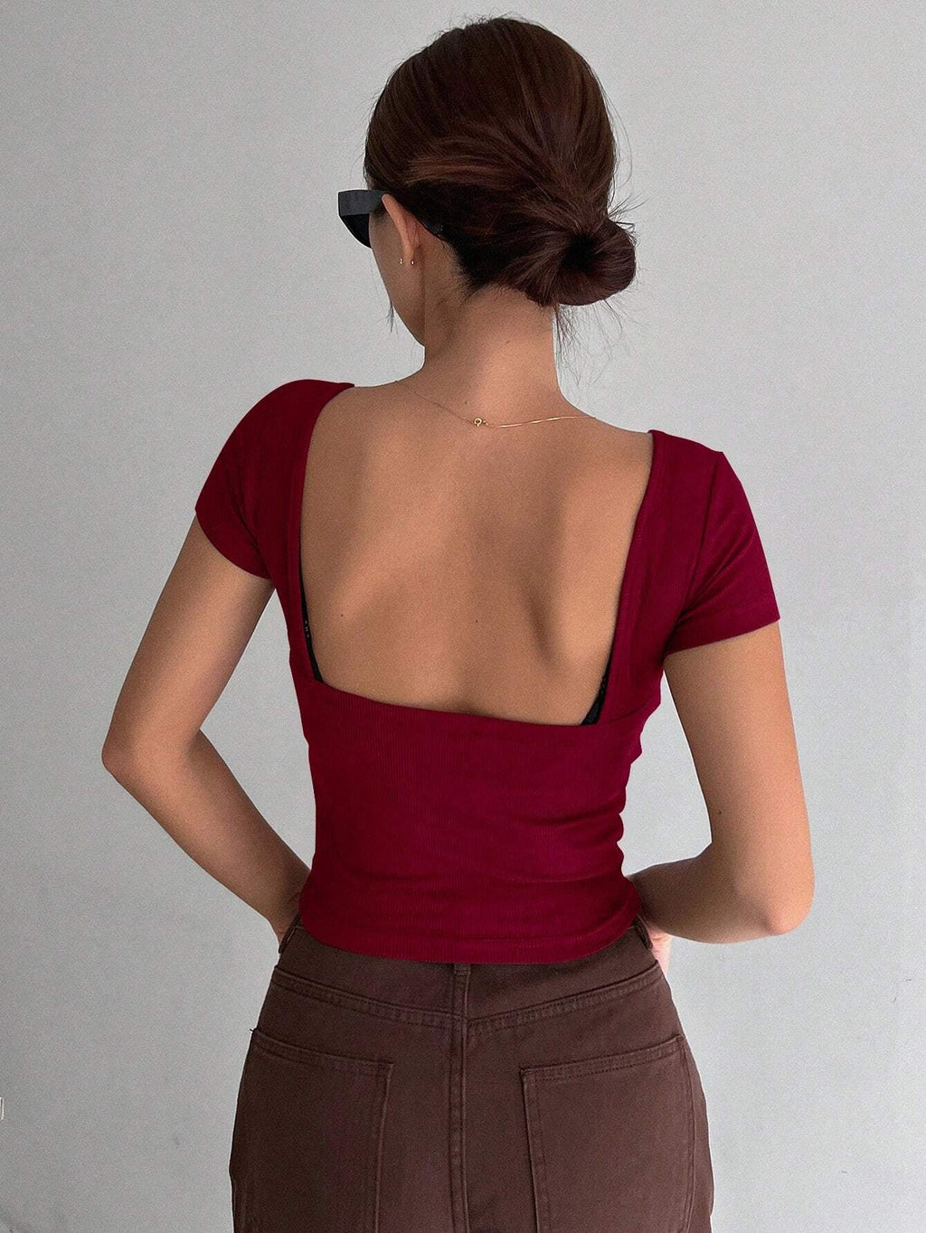 Solid Backless Crop Ribbed Knit Tee,Halter Top
