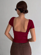 Solid Backless Crop Ribbed Knit Tee,Halter Top