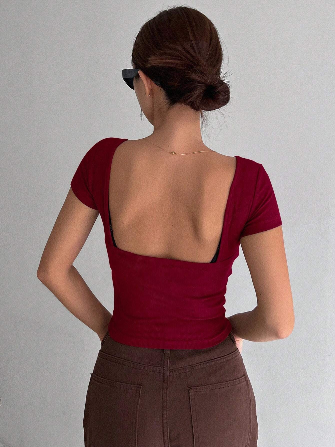 Solid Backless Crop Ribbed Knit Tee,Halter Top