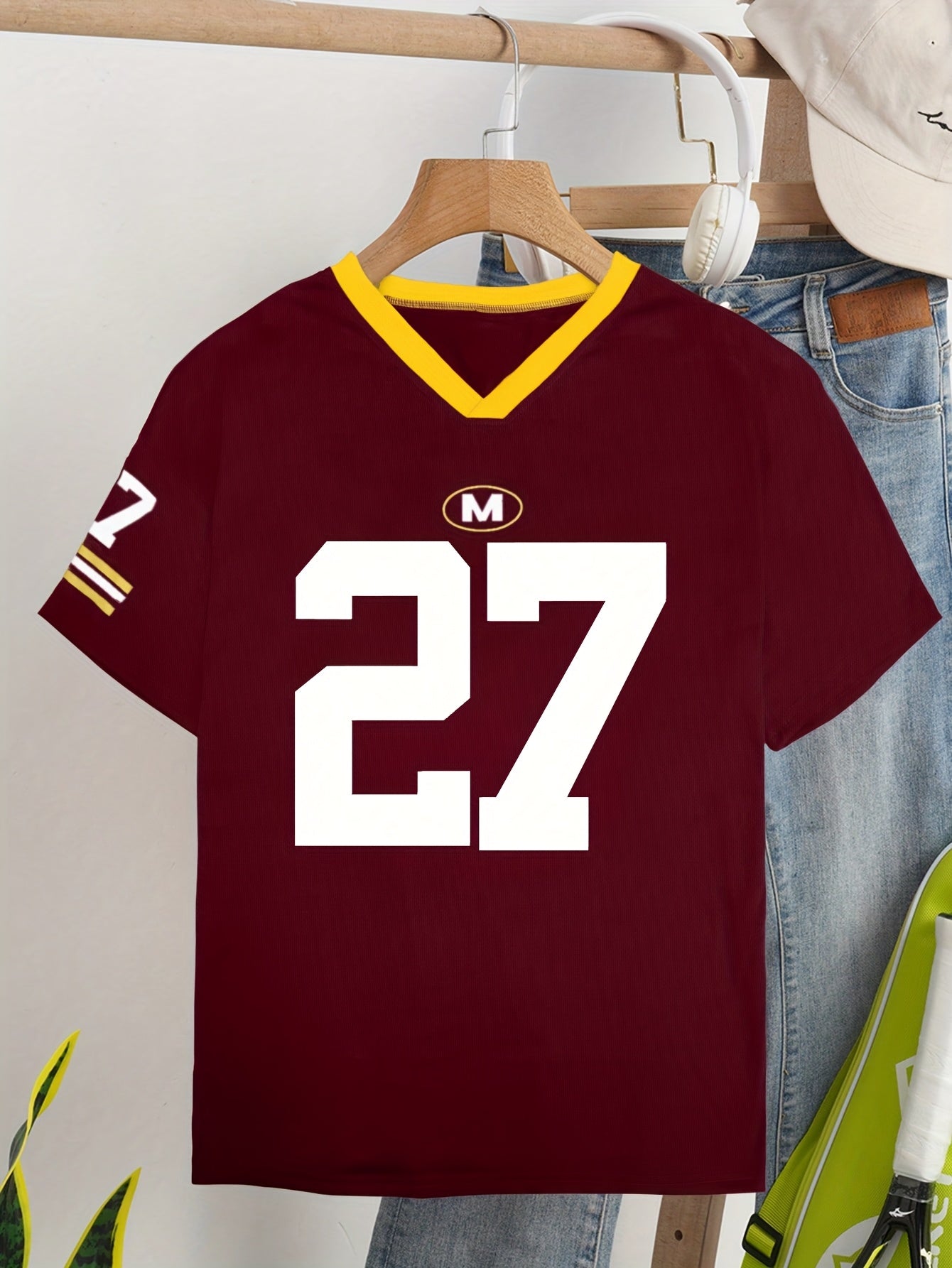 V-Neck Short Sleeve Casual Letter & Number Print Loose