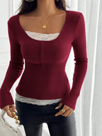 Round Neck 2 In 1 Lace Patchwork T-Shirt, Brown Velour Ribbed