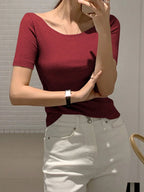 Round Neck Slim-Fit Short Sleeve Elegant T-Shirt