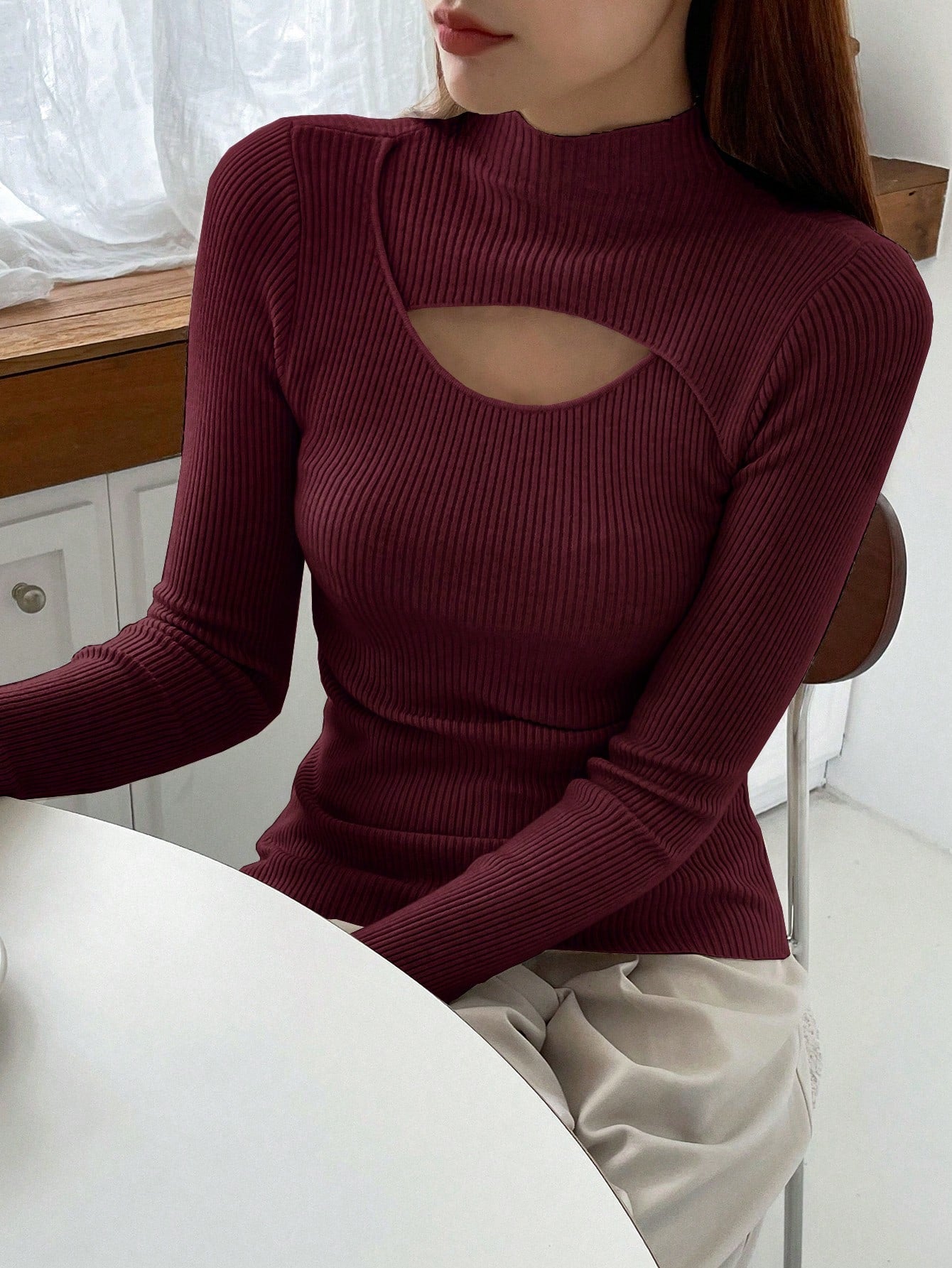 Stand Collar Long Sleeve Hollow Pullover Tops