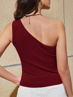 One Shoulder Ribbed Tank Top – Sleeveless Asymmetrical Slim Fit Summer Tee