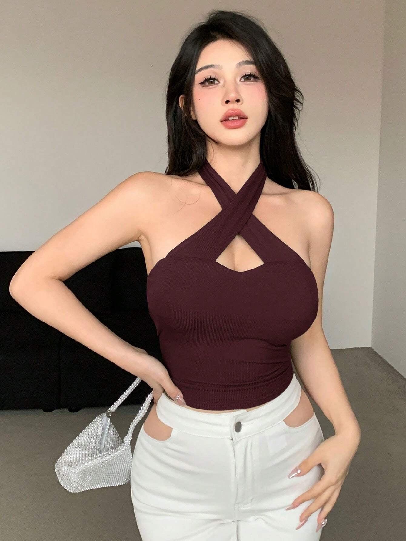 Solid Color Wrapped Halter Neck Slim Fit Tank Top Summer