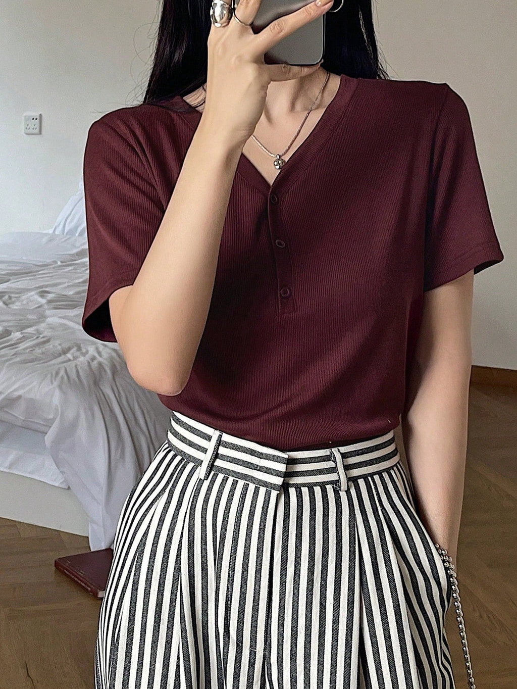 Less Solid Rib Knit Button Front Tee Old Money Style
