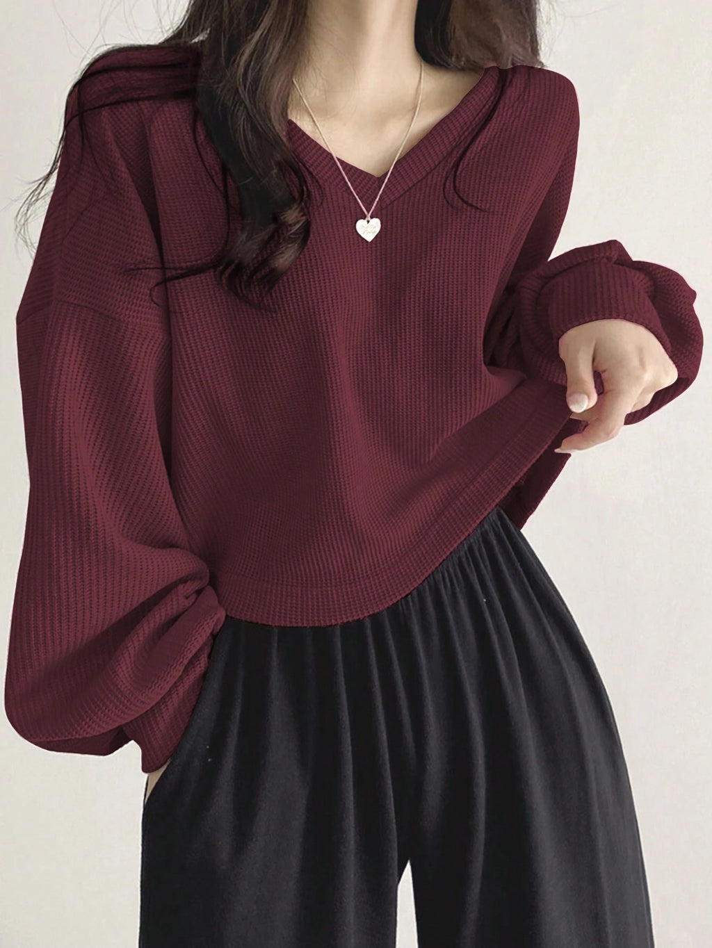 Solid Color V-Neck Dropped Shoulder Long Sleeve Loose Casual T-Shirt