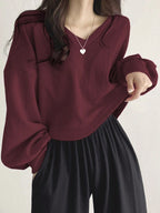 Solid Color V-Neck Dropped Shoulder Long Sleeve Loose Casual T-Shirt