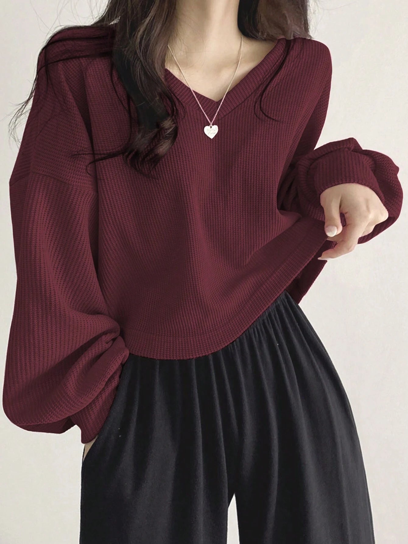 Solid Color V-Neck Dropped Shoulder Long Sleeve Loose Casual T-Shirt