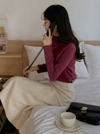 Stand Collar Solid Color T-Shirt Long Sleeve Women Tops