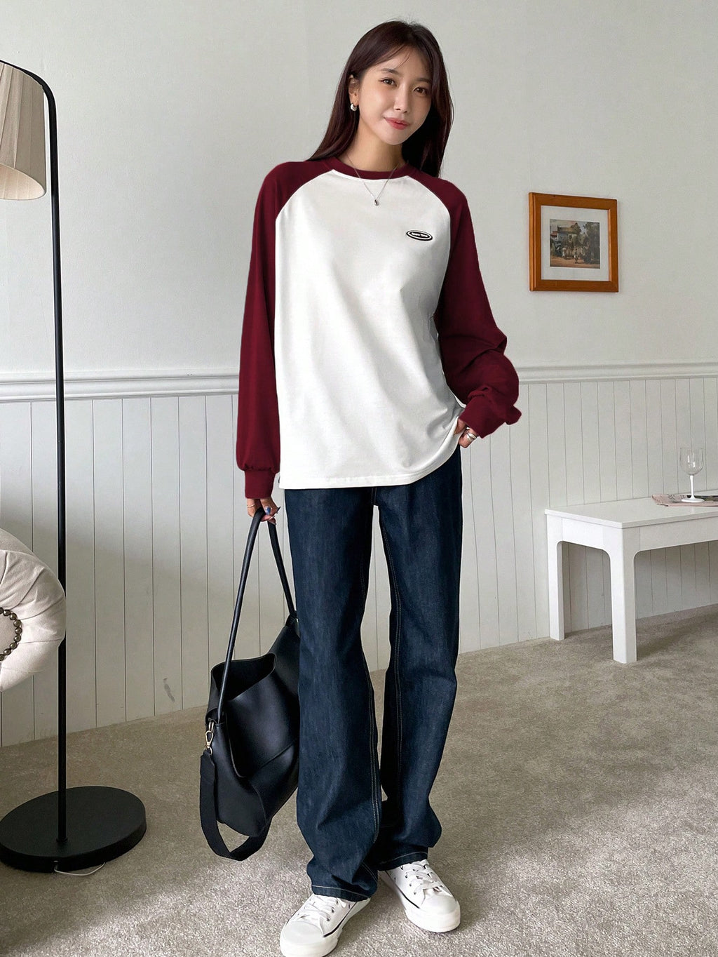 Letter Patched Colorblock Raglan Sleeve Tee