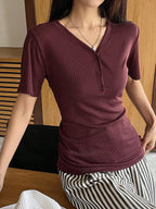 Less Solid Rib Knit Button Front Tee Old Money Style
