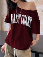 Off-Shoulder Short Sleeve Letter Printed Casual T-Shirt Graphic Tees Women Tops