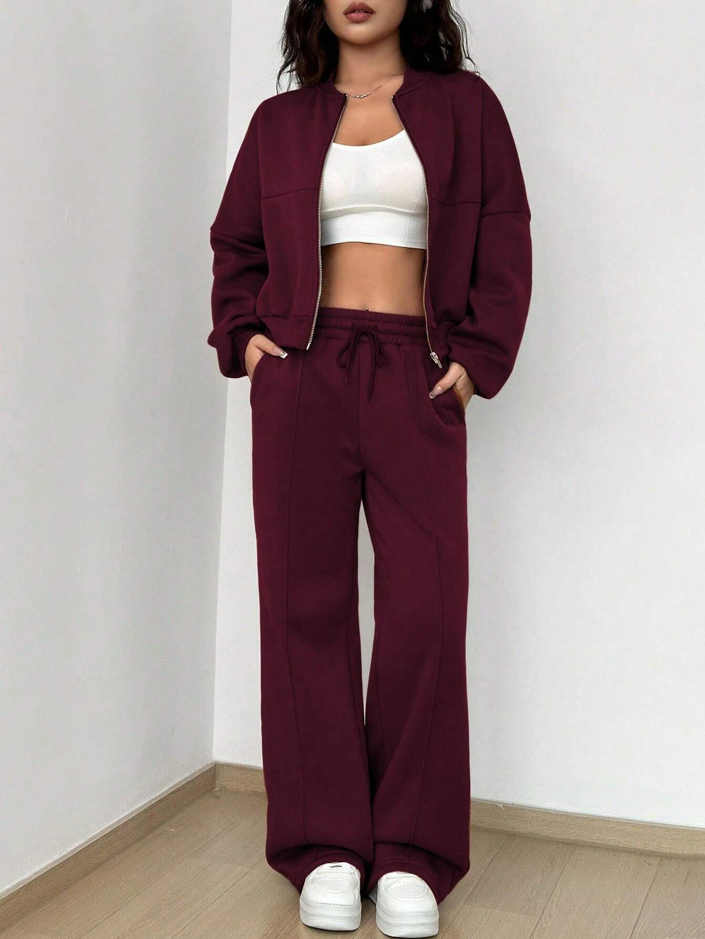 Street Style Camouflage Maple Leaf Print Zipper Sweatshirt & Pants Set