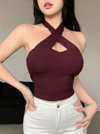 Solid Color Wrapped Halter Neck Slim Fit Tank Top Summer