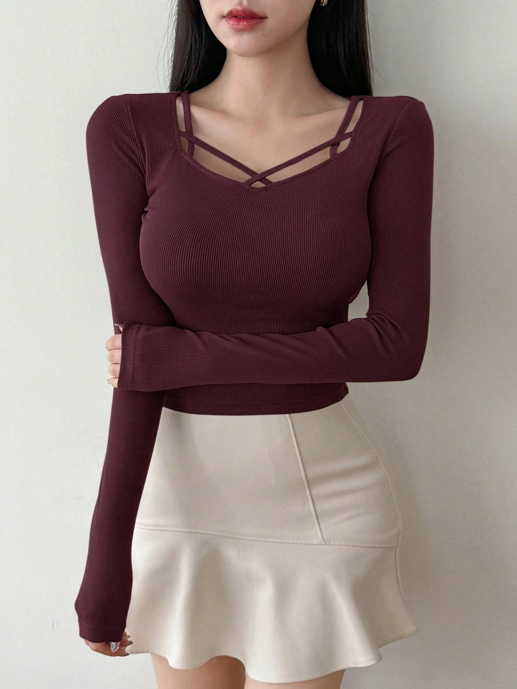 Hollow Out Design Ribbed T-Shirt