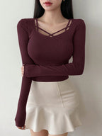 Hollow Out Design Ribbed T-Shirt