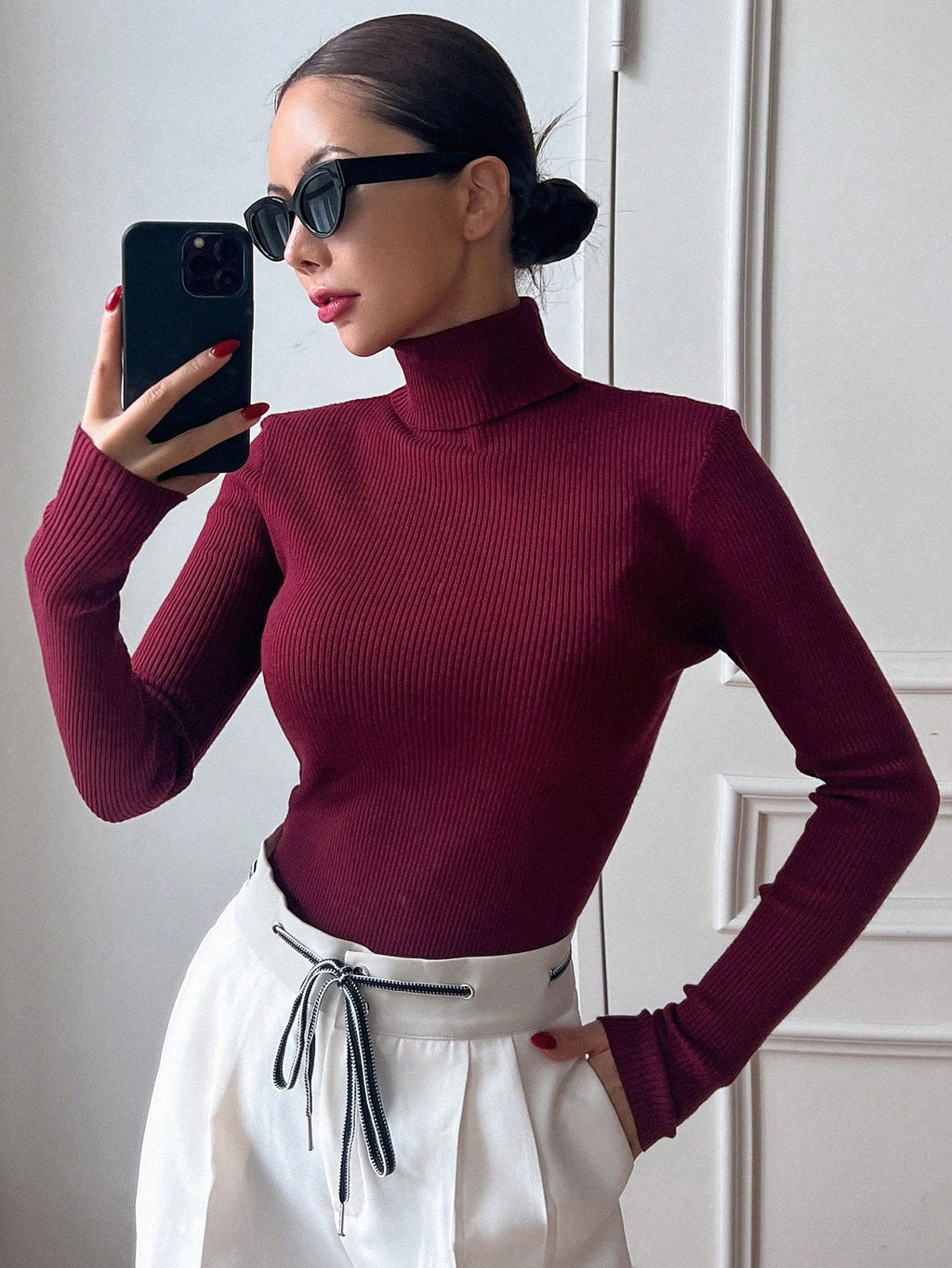 Basic Solid High Neck Long Sleeve Knit Sweater