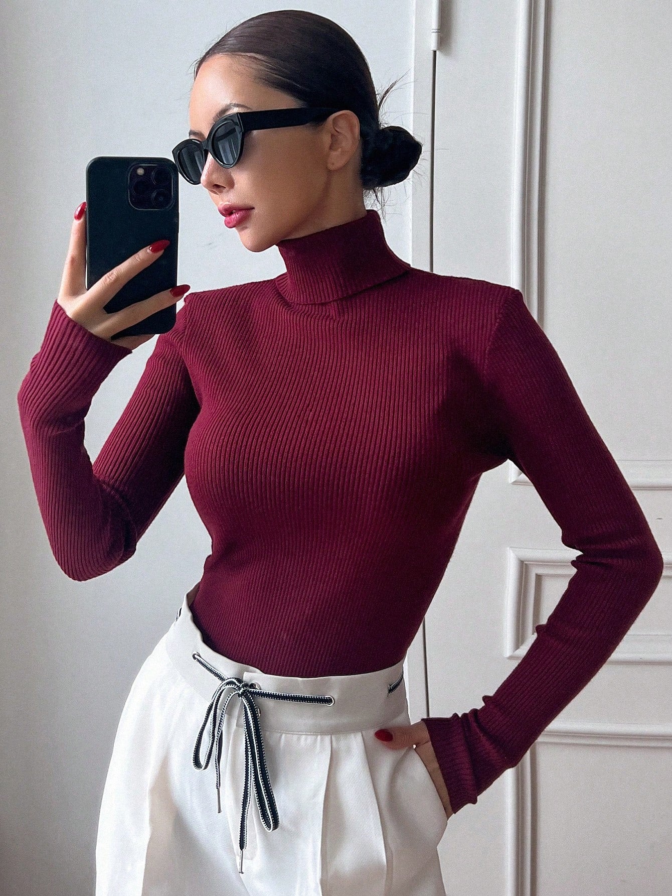Basic Solid High Neck Long Sleeve Knit Sweater