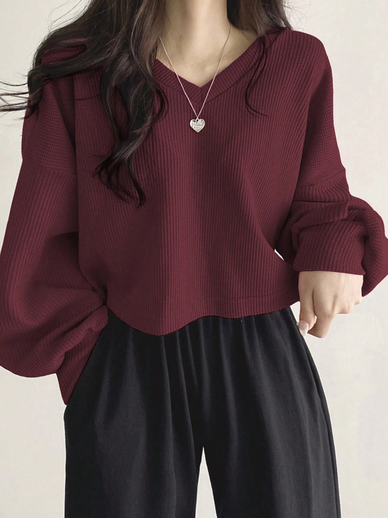 Solid Color V-Neck Dropped Shoulder Long Sleeve Loose Casual T-Shirt