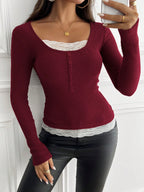 Round Neck 2 In 1 Lace Patchwork T-Shirt, Brown Velour Ribbed