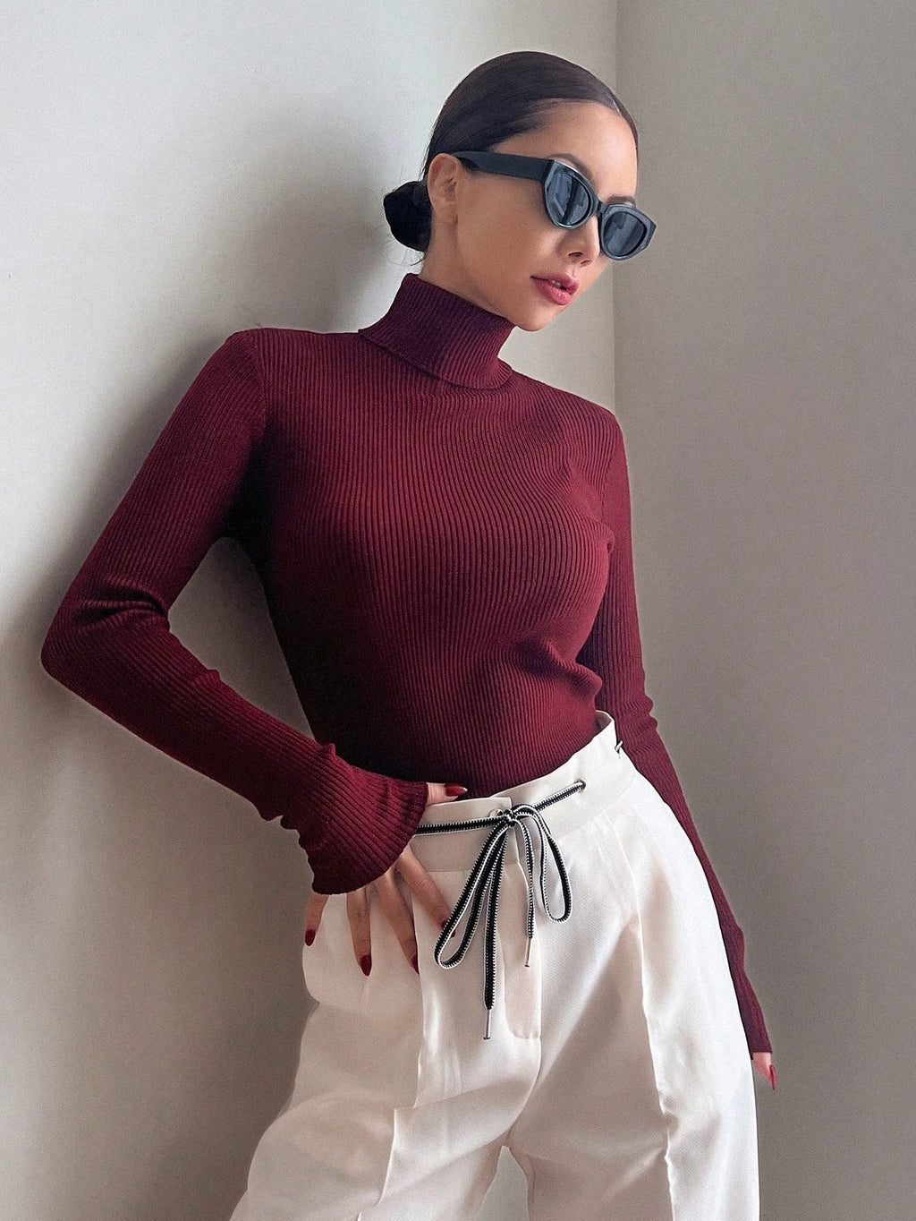 Basic Solid High Neck Long Sleeve Knit Sweater