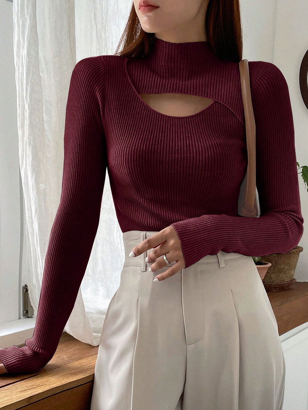 Stand Collar Long Sleeve Hollow Pullover Tops