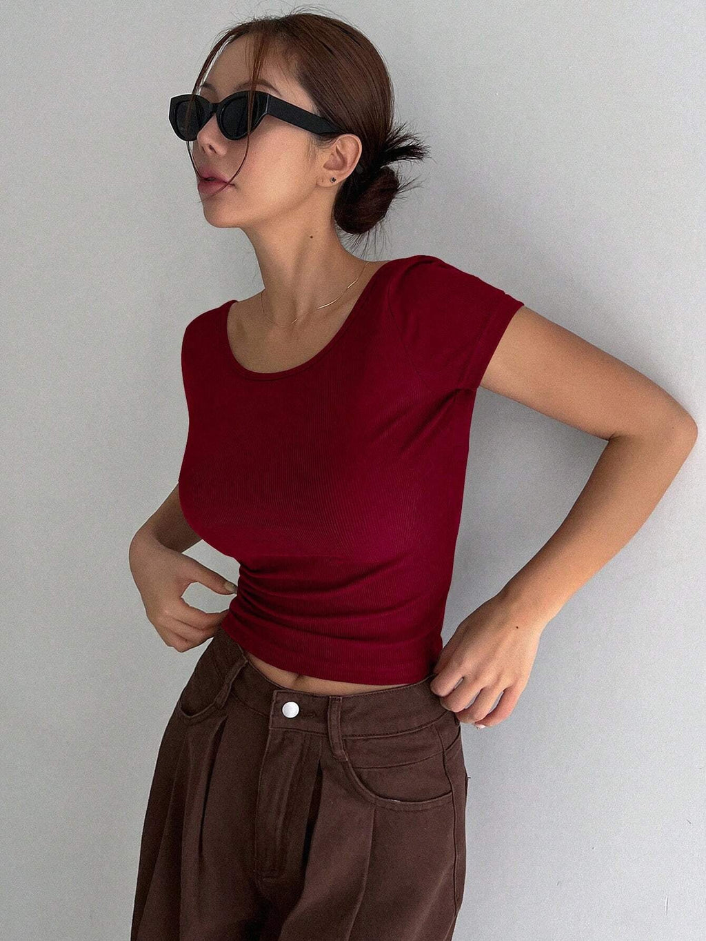 Solid Backless Crop Ribbed Knit Tee,Halter Top