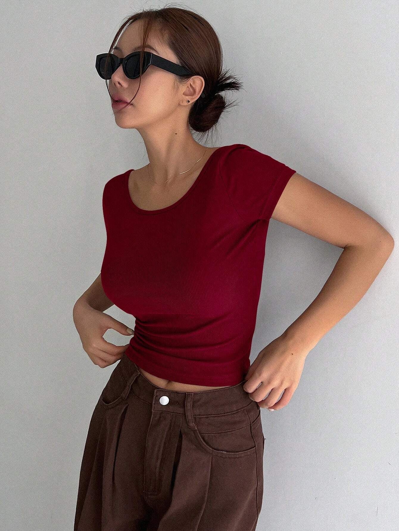 Solid Backless Crop Ribbed Knit Tee,Halter Top
